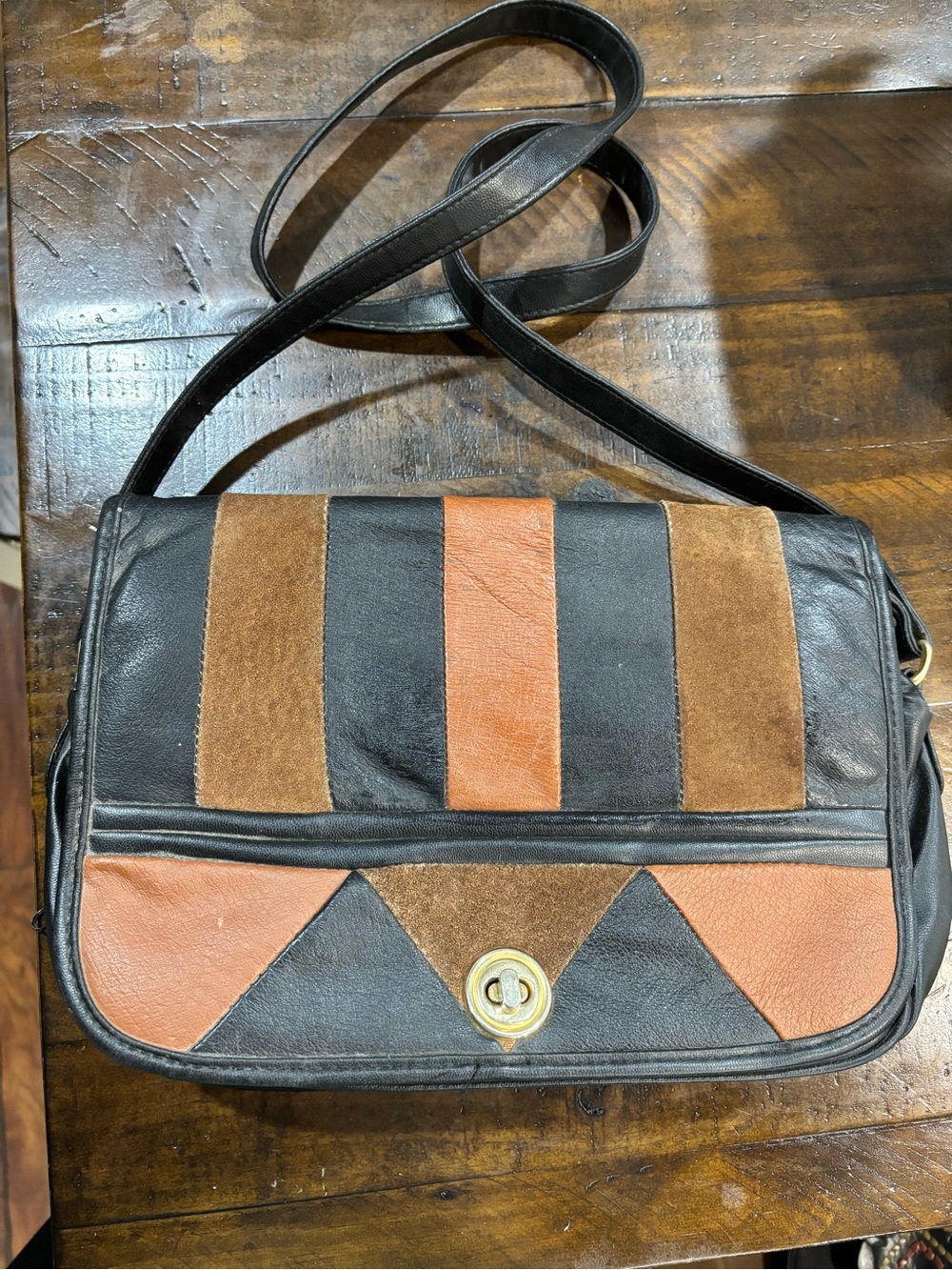 Vintage Mod 1960's Color block Leather Crossbody Bag in Black, Brown, Rust - Picture 5 of 11